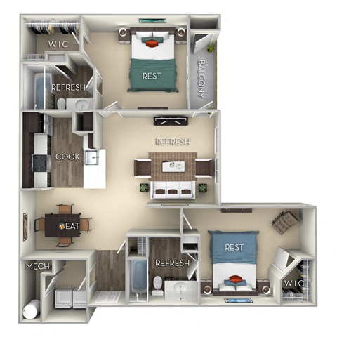Floor plan for 2 beds, 2 baths, 1028 sqft